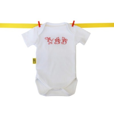 Baby bodysuit with Welsh dragon design embroidery detail. 100% Organic Cotton short sleeve baby bodysuit.
