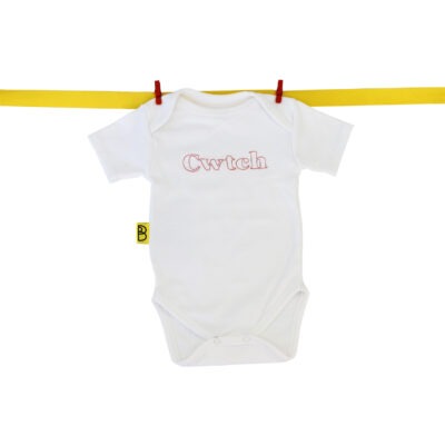 Gifts for baby made in Wales. 100% Organic Cotton Baby bodysuit with cwtch design.