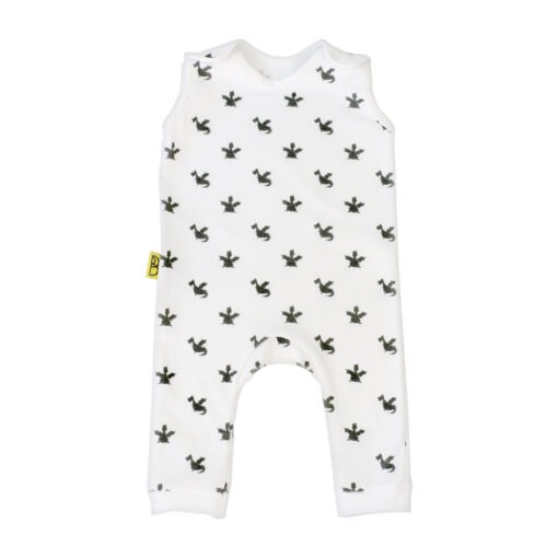 Organic cotton baby dungarees in grey dragon design. 100% Organic Cotton baby clothing and gifts. Made in Wales by Babi Bw.