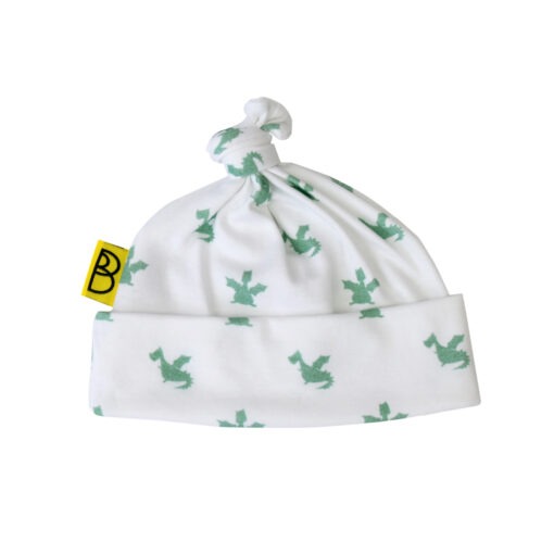 Organic cotton hooded baby hat in welsh dragon design.