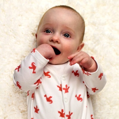 Baby sleepsuit in red Welsh dragon design.